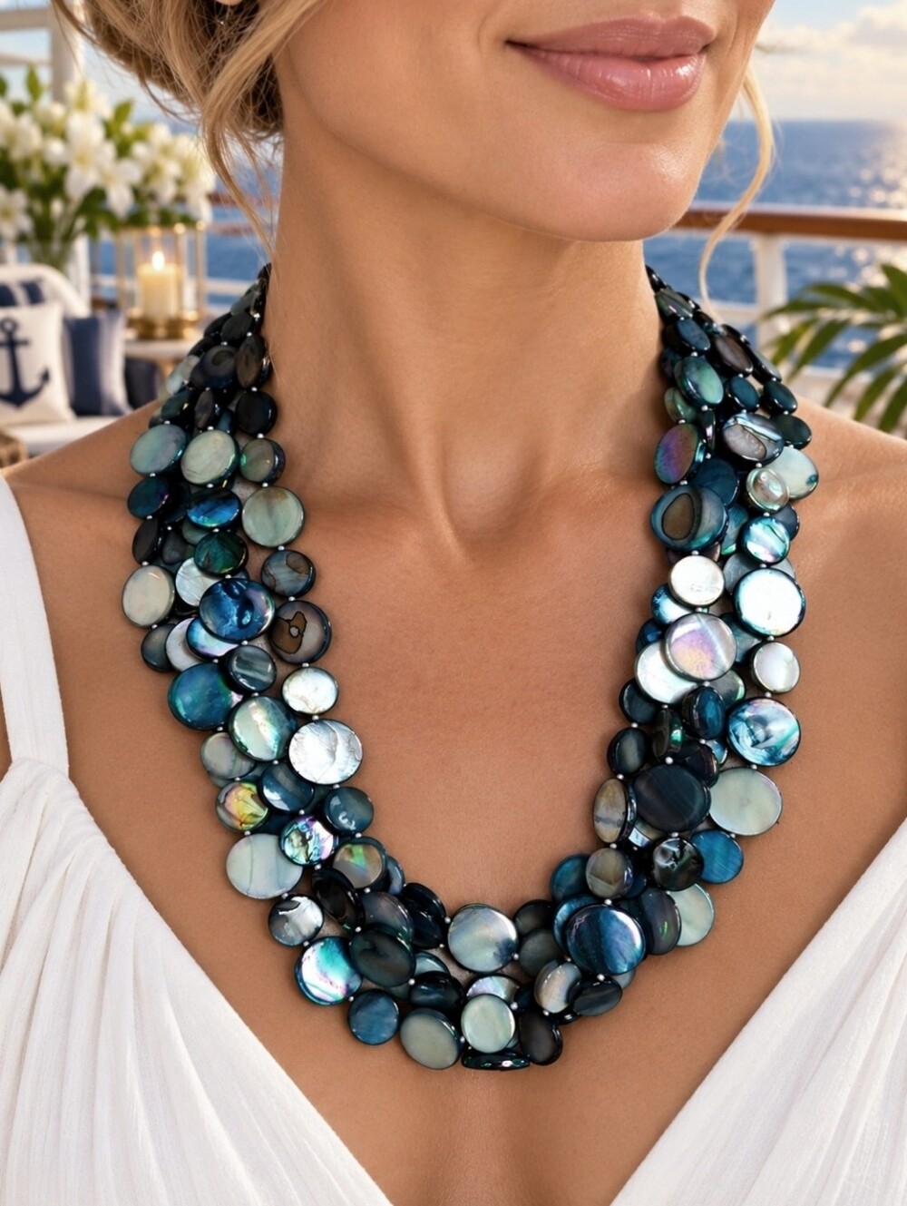 Iridescent Blue Disk Shell Mother of Pearl 5 Strand Heavy Necklace Silver Tone
